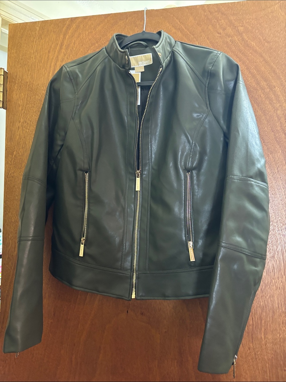 MICHAEL Michael Kors Women's Dark Green Leather Zip Jacket